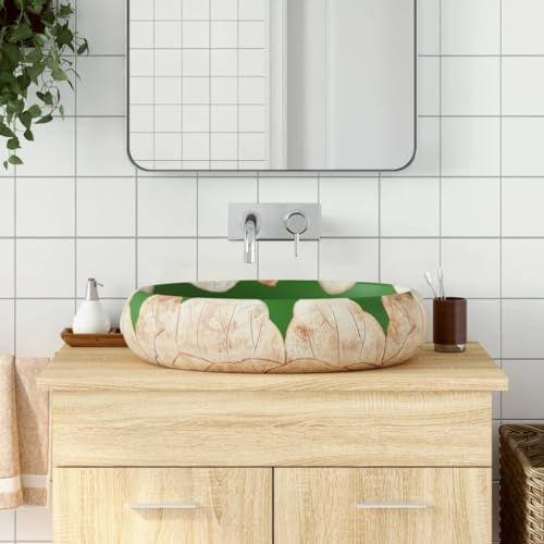 Lavabo da Appoggio Ovale in Ceramica, Design Vintage con Motivo Verde e Marrone, Per Bagno o Toilette, Tipo Washbasin, 59 x 40 x 15 cm