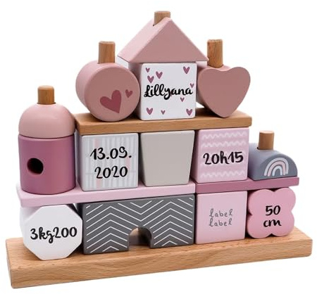 Mainely Personalisiertes Holz Steckspiel Haus rosa – Baby Geschenk zur Geburt Mädchen – mit Name & Geburtsdaten – Babyspielzeug aus Holz – Geburtsgeschenk & Geschenk Taufe Mädchen