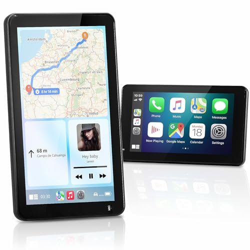 Aurevita Wireless Carplay Android Auto Screen, Portrait and Landscape 7 inch Portable IPS Touchscreen Car Stereo 12V, Live Navigation, Mirror Link, AUX, FM BT, Voice Assistance