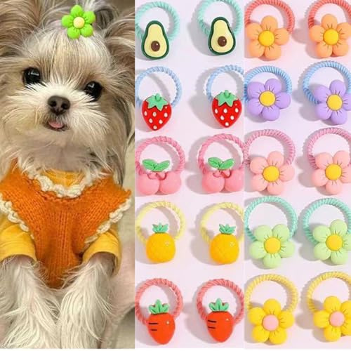 Small Dog Hair Accessories Girls Bow,20pcs assorted Cute Cartoon Fruit Sunflower with 0.78inch Rubber Band for Yorkie Maltese Doggie Hair Tie Pets Cats,No Damage