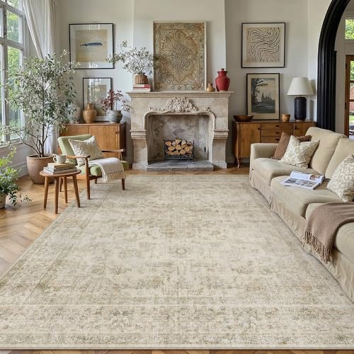 PureCozy Vintage Rugs Living Room Large Rug 200x300cm Beige Washable | Vintage Area Rug,Non Slip,Washable,Soft,for Living Room,Bedroom,Dining Room,Office,Low Pile