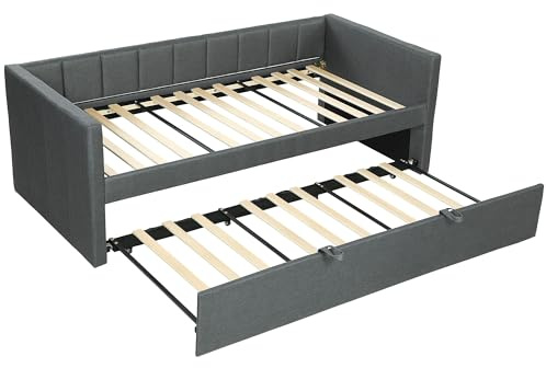 HOMCOM Struttura Letto Singolo 90x190 cm, Divano con Secondo Letto Estraibile, Testiera Imbottita, Braccioli, Rete a Doghe in Pioppo, per Camera Soggiorno Ospiti, Senza Materasso, Grigio Scuro