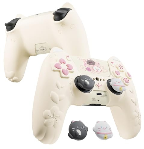 playvital Funda de Silicona para ps5 Mando | Goma Suave, Agarre Antideslizante, Tapas de Pulgar, Pegatina Decorativa, Cubierta Protectora, Gatito Lindo, Amarillo Antiguo