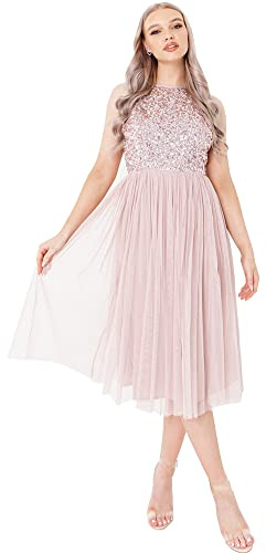Maya Deluxe Abito Midi da Donna con Scollo all'Americana in Tulle per Sera, Laurea, Ballo di fine Anno, Matrimonio, Damigelle d'Onore Vestito, Rosa Satinato, 46