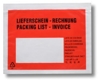 Lieferscheintaschen selbstklebend Begleitpapiertasche Dokumententasche aus Plastik für Rechnungen oder Lieferscheine DIN C5 rot mit Aufdruck Lieferschein/Rechnung in Spenderbox 250 Stück