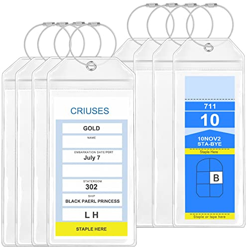 Cruise Luggage Tag Holder, 8 Pcs Containing Two Sizes of Luggage Tag, Airtight and Waterproof Cruise Luggage Tags with Stainless Steel Wire, Transparent and Durable (Silver)