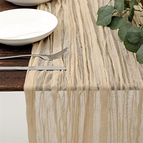 Tischläufer Boho Cheesecloth Tischläufer, Beige Lang Rustikaler Gaze-Tischläufer Tischdecke Tischdeko für Hochzeit Vintage, Geburtstag, Babyparty, Weihnachten Dekoration, 90 x 300 cm
