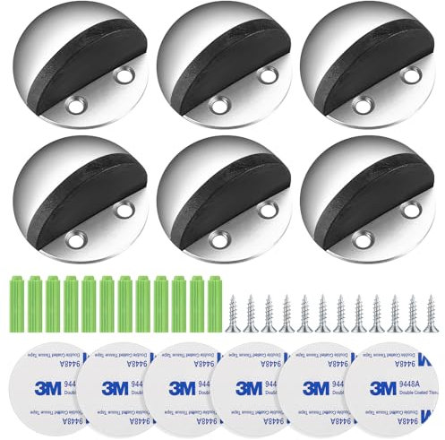 6 Pezzi Fermaporta a Pavimento in Acciaio Inox, Fermaporta Adesivo con Paraurti in Gomma per Proteggere Porte, Pareti, Mobili, con Viti (argento)