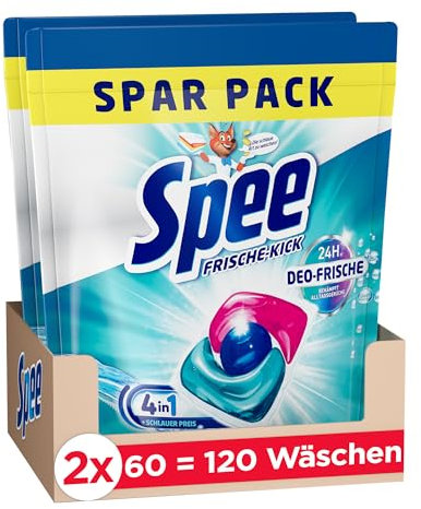 Spee Power Caps Deo-Frische Frische-Kick 120 (2x60 Waschladungen), vordosiertes Vollwaschmittel mit 4 + 1 Formel bekämpft Alltagsgerüche für 24 h Deo-Frische, für Temperaturen von 20° - 95° C