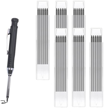 DuDuZui Tieflochmarker Bleistift Set, 36 Bleistiftminen 2.8mm für Zimmermannsbleistift +1 Stück Tiefloch Holzbearbeitungsbleistifte mit Eingebautem Spitzer, für Architekten Holzbau Bau, Bauen