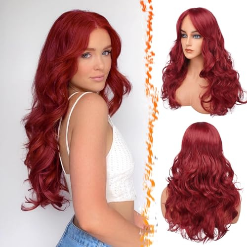 BARSDAR Lange Rot Perücke mit Pony, 66cm Lange Gewellte Perücke für Frauen Haar Replacement Synthetische Haar Perücken Natürlich Aussehen Tägliche Party Halloween Perücken - Rot