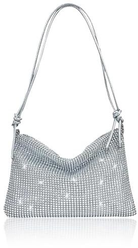 VIDSTW Damen Glitzer Tasche, Abendtasche Damen Hohe Kapazität Mit Reißverschluss, Verstellbarer Schultergurt Elegante Tasche Damen, für Abend Prom Hochzeit Party Bankett (Silber)