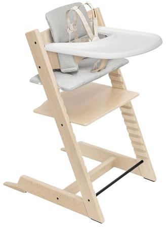Stokke Tripp Trapp Trona 2 (Natural), Cojín 2 (Gris Nórdico) + Bandeja Stokke (Blanco) - Incluye Silla + Juego de Bebé con Arnés Extraíble para Niños de 6 a 36 Meses