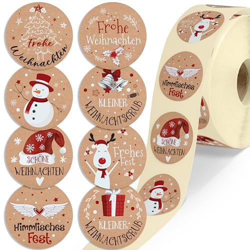 colortouch Aufkleber Weihnachten - 500 St Frohe Weihnachten Sticker, Kraftpapier Optik Weihnachtsaufkleber- 35mm Rund Rolle Vintage Selbstklebend Weihnachtsetiketten für Geschenktüten Weihnachtsdeko