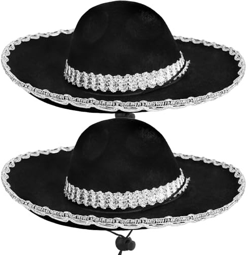 Cagemoga 2 Pack Mexican Sombrero Hat Black Felt Large Sombrero Hat for Kids Teens Mexican Party Dress Up Accessories (Color Set 2)