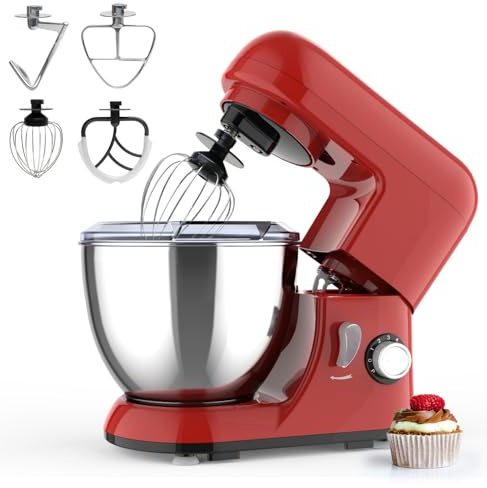 Stand Mixer for Baking Food Mixer, 1300W Max, Large 3.5/4Litre Bowl 6 Speed Pulse Mode,With Dough Hook, Whisk, Beater, Splash Guard & Mixing Bowl For Baking, Dishwasher Safe (4L - Red)