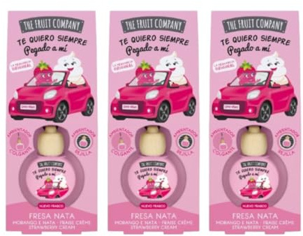 TIENDIFY - Pack de 3 Ambientadores Coche 2en1 The Fruit Company | Aroma Frutal, Absorbe Olores, Sin Alcohol, Extractos Naturales | Rejilla o Colgante | Larga Duración +45 Días (FRESA & NATA)