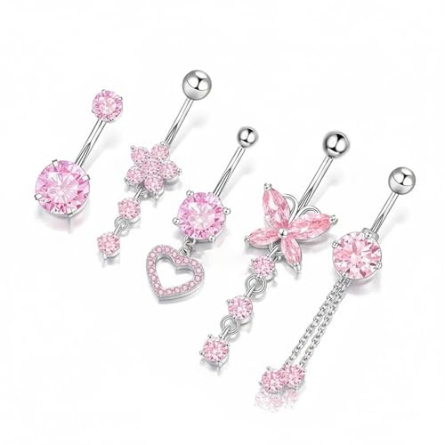 Pqrsde 5Pcs Belly Button Bars Stainless Steel Pink Crystal Set for Women Cute Belly Button Piercing Jewelry for Daily Wear (Pink)