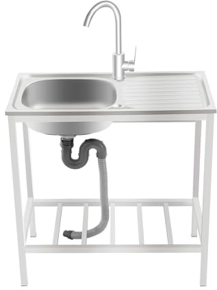 TFGXUE Fregadero independiente de acero inoxidable, fregadero exterior con grifo y tubos de suministro y drenaje, lavabo de jardín, 75 x 40 x 75 cm, color plateado