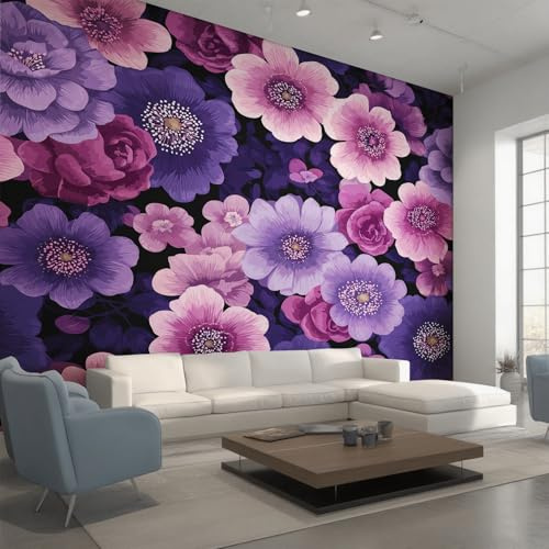 Generisch Vlies Fototapete Lila Blumen 280x200 cm, Tapete Lila Tapeten Vliestapete Wohnzimmer Kokette Floral Schlafzimmer Wandtapete Ornamente Mustertapete W&45
