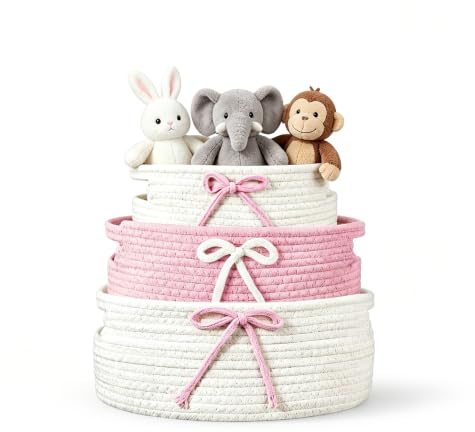3er Set Aufbewahrungskörbe Geflochten mit Griff, Körbe Set in 3 Größen, Dekokorb & Geschenkkorb, Ordnungsbox für Bad, Küche, Wohnzimmer, Boho Aufbewahrungskorb (Rosa)