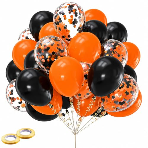 Ovanda Halloween Luftballons 30 Stück Schwarz Orange Konfetti, Herbst Party Deko, Latex Helium Ballons Set, Trick or Treat Deko, Halloween Tischdeko, Kürbis Party Deko, Schwarz Orange Luftballons