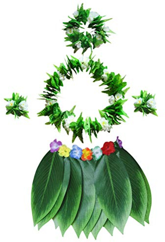BESTOYARD 5 stücke Hula Rock Hawaiian kostüm Set mit grünen blättern Halskette armbänder Stirnband für Strand Luau Partei liefert (Erwachsene)