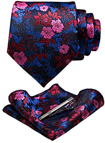 JEMYGINS Herren Blumen Krawatten und Einstecktuch Sets mit Krawattenklammer in verschiedenen Farben erhältlich,rot/rosa/blau
