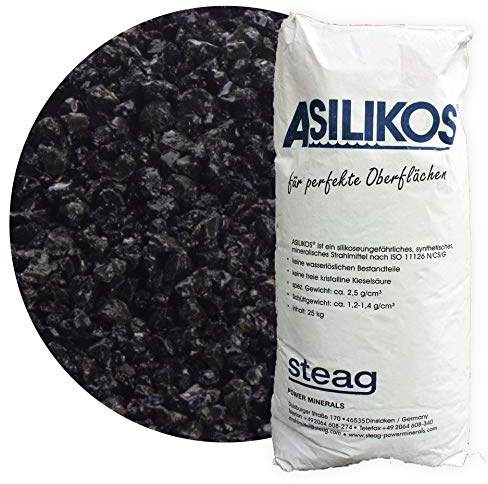 Asilikos Strahlmittel 1,4-2,8 mm 25 kg aus Schmelzkammerschlacke, Oberflächenbearbeitung, Strahlgut für effektives Sandstrahlen, mineralischer Strahlsand mit stark abrasiver Wirkung, hoher Eisenanteil
