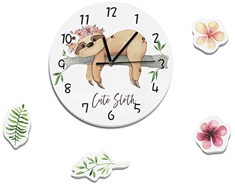 SWECOMZE Kinder-Wanduhr,Cartoon niedliche Kindergarten Wanddekoration Wanduhr,Uhr ohne Tickgeräusche, Lautlos Uhrwerk, Kinderuhr, Wanddeko für Kinderzimmer, Wanddeko Deko Jungs Mädchen (Faultier)