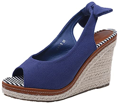 Jamron Dam elegant kilklack öppen tå Espadrilles sandaler slingback pumps sommar kanvasskor, BLÅ, 38.5 EU