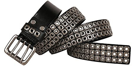 3 Reihen Lochnieten Nietengürtel im Punk Hip Hop Style Ledergürtel Versch Farben und Größen,Ösen und Dornschließe Gürtel für Damen und Herren,Schwarz,115cm/waist:38~40