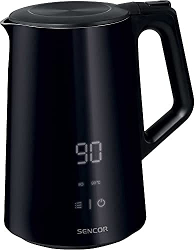 Sencor Wasserkocher Schwarz Leistungsstark, Cool Touch Oberfläche, Schutz vor Verbrennungen, BPA-frei, Wasserkocher mit Temperatureinstellung, LED-Anzeige, 1.5L, Edelstahl, 2200W, Warmhaltefunktion