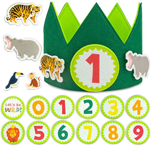 BONNYCO Corona Compleanno Bambino Animali Giungla Numeri Intercambiabili 0-9 e Personaggi a Tema. Corona Primo Compleanno Bimbo, Regalo Bambino 1 Anno. Cappellini Decorazioni Giungla Carnevale