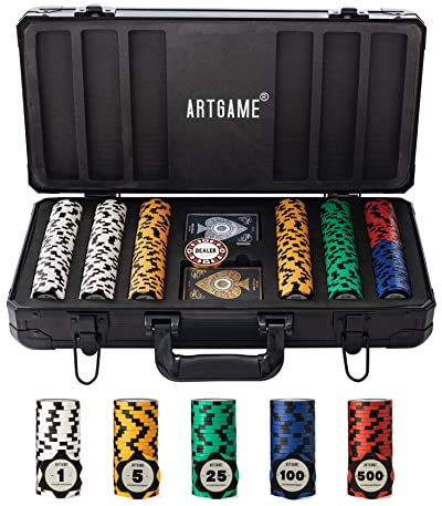 Artgame 14 Gramm Clay Poker Chip Set für Texas Hold'em, 300 Stück Casino Style Chips, mit K-Typ Aluminiumgehäuse und Händlerknöpfen.