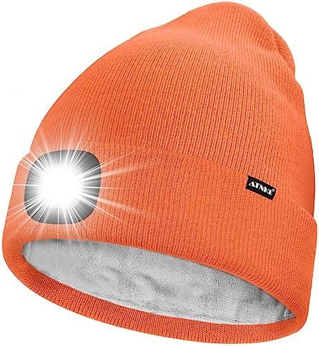 ATNKE LED-mössa med ljus, uppladdningsbar USB 4 LED-upplyst löpmössa, extremt ljus lampa, vinter, varm, fodrad fleece, stickad mössa för män och kvinnor, presenter, Helles Orange, En Storlek