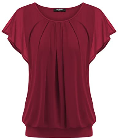 Zeagoo Damen Elegant Bluse Kurzarm Fledermaus Batwing Rundhals Bluse Shirts Sommer Weinrot S