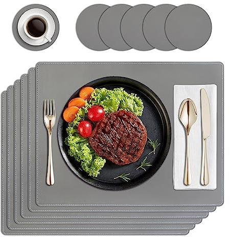 HPMAISON Tischsets und Untersetzer 6er Set, Hitzebeständige PU Leder Tischsets Abwaschbar rutschfest Wasserdicht Küche Esszimmer Platzsets 6er Set für Zuhause, Restaurant Hotel, Outdoor, Party