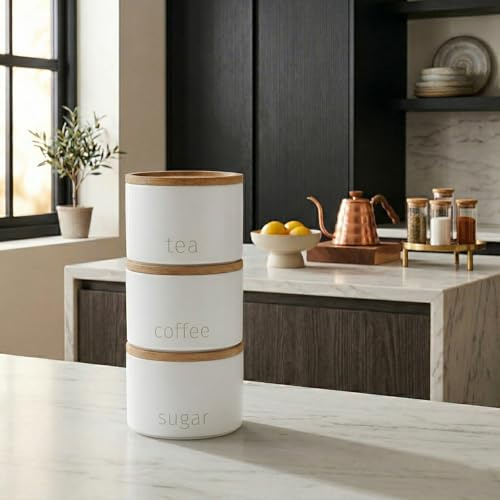 DEENZ Stackable Tea Coffee Sugar Storage Jars 3Pk Round Food Canisters Ceramic Great Storing Beans Matte Finish And Wooden Airtight Lids Storage Jars (White 142)