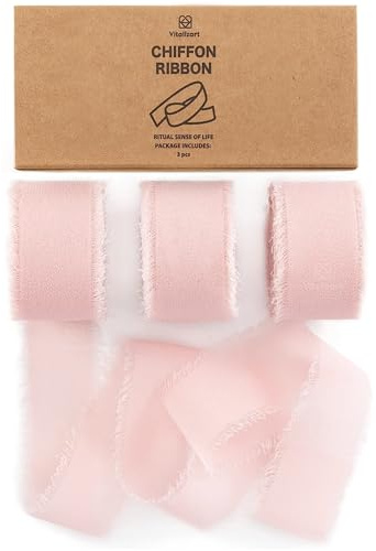 Vitalizart Hellrosa Schleifenband 2,5 cm x 19,2 m für Dekoration | Blush Geschenkband Chiffonband Stoff 6,4 m x 3 Rollen für Hochzeitseinladung, Brautstrauß, Geschenkverpackung
