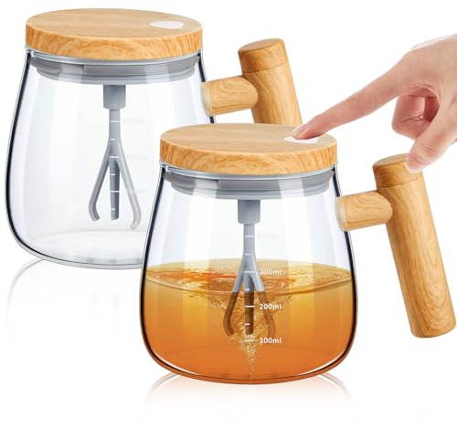 Maxcheck 2 Pcs Self Mixing Coffee Mug with Lid Handle 400ml 13.5oz Automatic Electric Cup 7000 RPM Self Mixing Glass Mug for Coffee Milk Protein Powder Office Home