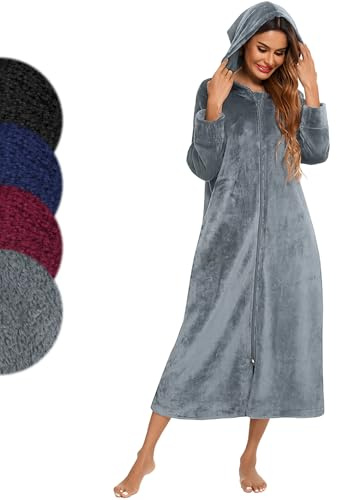 Figarge Bademantel Damen und Herren mit Reissverschluss und Kapuze langer Bademantel Fronttaschen Saunamantel Flanell Bademantel