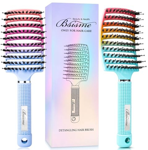 Bsisme 2Pcs Boar Bristle Hair brush for Women, Men and Kids, Detangling Curved Vent Brush for Long Thick Thin Curly Wet or Dry Hair, Styling Tool (Green&Blue)