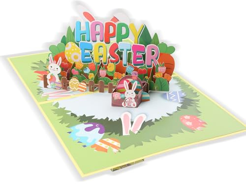 Tabanzhe Easter Pop Up Card, 3D Bunny Basket Greeting Card with Laser Cut Design, Handmade Religious Easter Card with Envelope for Family, Friends and Holiday Greetings