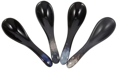 Zerodeko 4piezas Cucharas Sopera De Cerámica Para Gachas y Sopa Asiática Diseño Liso Mango Aptas Para Uso Cantina y Restaurante