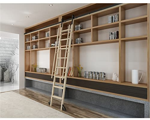 GLFNB Schiebeleiter-Hardware-Kit – Schwarze Schiebe-Scheunentor-Hardware, Bibliotheks-Schiebeleiter-Schienen-Kit, runde Schiene aus Karbonstahl (mit Bodenrollen), für Bücherregal/Kleiderschrank/Bi