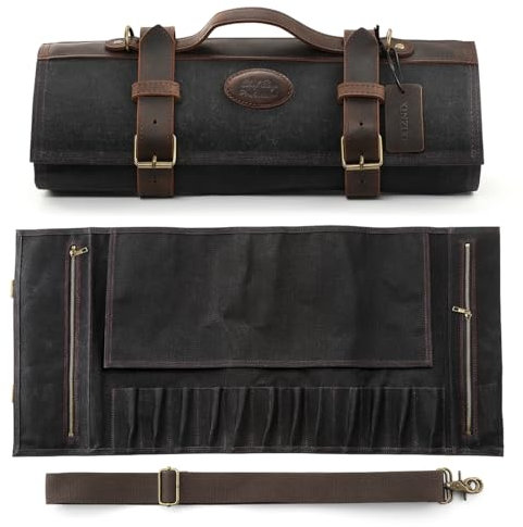 Bolsa XINZUO para Cuchillos Negra, Estuche Profesional de Chef, 12 Ranuras, Impermeable de Lona Encerada 16oz y Cuero, Bolsa Enrollable para Utensilios de Cocina