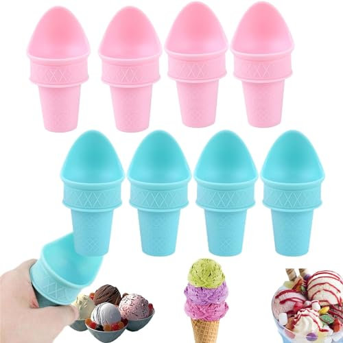 New Plastic Ice Cream Cone Holder Ice Cream Snow Cone Rack,Food Grade Ice Cream Plastic Cup Spoon for Birthday Party,Plastic Cone Shaped Ice Cream Scoop