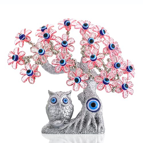 HDCRYSTALGIFTS Figura de árbol artificial ojo turco azul malvado 7.5 pulgadas, búho Feng Shui, decoración para protección, buena suerte y prosperidad (flores rosas)