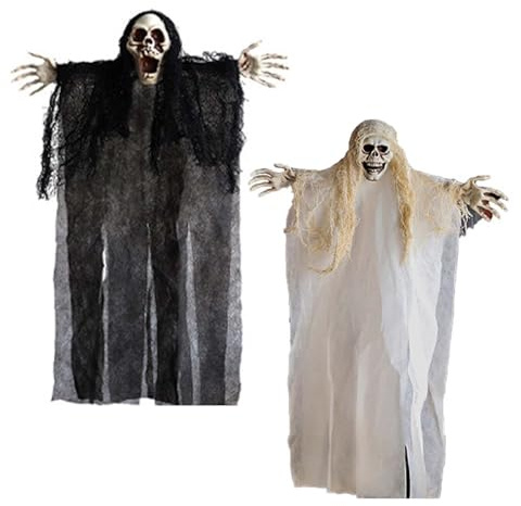 JRYGAC 2 Piezas Fantasmas Colgantes de Halloween, Esqueleto Fantasma Colgante de Halloween, Halloween Casa Encantada Prop Decoración, Decoración Fantasma Colgante de Miedo, para Fiesta en el Patio